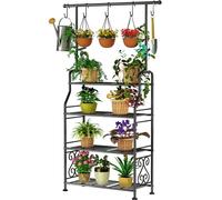 GIOTORENT Plant Stand Indoor Outdoor, 4-Tier Heavy Duty Metal Shelves, Display up to 17 Multiple Plants, Tall Plant Holder with Plant Hanger, Suit for Patio Living Room Garden Balcony, 5 Hooks, Black