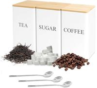 GIOTUK 3Pcs Tea Coffee Sugar Canisters Set with Spoons, 1000ml Metal Storage Jars with Airtight Bamboo Lids & Labels, Square Kitchen Canisters for Countertop Pantry (White)
