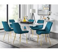 Giovani 6-Seater Grey Glass Dining Table and 6 Pesaro Soft Velvet Dining Chairs FurnitureboxUK Blue One Size