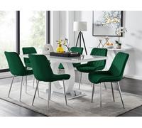 Giovani 6-Seater Grey Glass Dining Table and 6 Pesaro Soft Velvet Dining Chairs FurnitureboxUK Green One Size