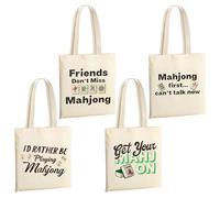 GioXtra Funny Mahjong Canvas Tote Bag Set - 4Pcs Mahjong Gifts Tote Shoulder Bag Lucky Tile Reusable Shopping Travel Toiletry Organizer for Game Lover Player Women Birthday Gift Christmas Party Supply