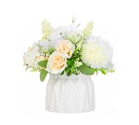 Gioyonil Artificial Flower Arrangement in Vase, White Silk Rose Hydrangea Chrysanthemum Fake Flower Bouquet with Ceramic Vase for Wedding Dining Table Centerpiece Bathroom Kitchen Decor