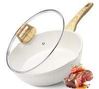 GiPP Nonstick Deep Frying Pan - 2.5L White Granite Saute Pan with Lid, Pour Spout and Stay-Cool Handle, Non Stick Skillet Non Toxic Cooking Pan Induction Cookware, PFOA Free(White, 24cm)