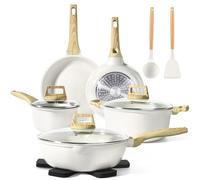 GiPP Pots and Pans Set Non Stick - 14 Piece White Ceramic Kitchen Cookware Sets Nonstick Induction Cookware Non-Toxic Cooking Pan Set with Silicone Spatula&Spoon, PFOS and PFOA Free (White, 14PCS)