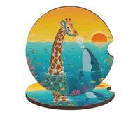 Giraffe and Shark 2 Pack Car Coasters for Cup Holders Wooden Absorbent Car Cup Coasters Non-Scratch Cork Base, Water Resistant Cups Mat for Women & Men (Fits Most Cars, SUVs, Trucks)