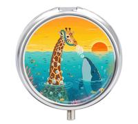 Giraffe and Shark Pill Box Travel Pill Organizer 3-Compartment with Mirror Design Portable Round Medicine Case for Vitamins, Jewelry & Essentials Durable Pocket Pillcase for Purse, Camping