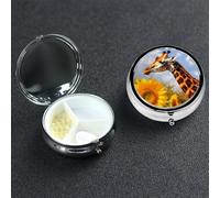 Giraffe and Sunflower Pill Box 3 Compartment Round Metal Pill Case for Purse & Pocket, Portable Medicine Organizer Travel Pillbox Daily Pill Container Holder to Hold Vitamins, Fish Oil