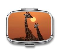 Giraffe at Sunset Pill Box 2 Compartment, Portable Pill Case with Mirror for Pocket Purse Travel, Mini Metal Medicine Organizer for Vitamins Fish Oil