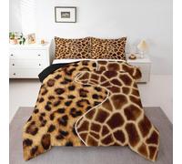 Giraffe Bedding African Cheetah Printed Queen Comforter Set, Patchwork Style Quilt Wildlife Decor, Jungle Animals Print Skin Down Comforter, Wild Nature Safari Bedoom Decor for Girls Boys Brown