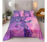 Giraffe Bedding Set For Boys Girls,Purple Single Kids Duvet Cover 135×200Cm 3D Printed Soft Microfibre Polyester Comforter With Zipper Teens Quilt Cover 2 Pillowcases 50×75Cm