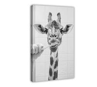 Giraffe Brushing Teeth, Funny Bathroom Wall Art, Cute Laundry Room Decor, Animals in Bathroom, Retro Giraffe Humor Print, Ai Art-1