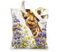 Giraffe Canvas Tote Bags Cute Animal Floral Print Reusable Grocery Bags Lightweight Washable Shoulder Bags S, white, 13x15 Inch