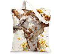Giraffe Canvas Tote Bags, Designer Animal Print Reusable Grocery Bags, Vintage Floral Lightweight Washable Shoulder Strap C, White, 13x15 Inch