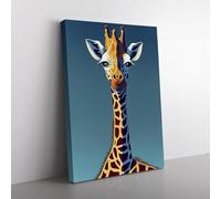 Giraffe Cartoon Teal, Blue, Peach Canvas Wall Art Print Ready to Hang, Framed Picture for Living Room Bedroom Home Office Décor, 76x50 cm (30x20 Inch)