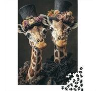Giraffe Couple Jigsaw Puzzle 1000 Piece Jigsaw Puzzle Paper for Adults Flower Hat Puzzle Game for Family Relaxation Gift Decor 70x50cm/1000pcs