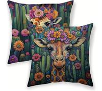 Giraffe Cushion Covers 20cm x 20cm Outdoor Pillow Cases 2 pack, Waterproof Cushion Covers Flower, Double-Sided Printing Velvet Square Throw Pillowcases for Garden Sofa Bedroom Couch Living Room lj-293