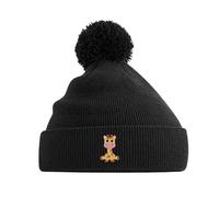 Giraffe Embroidery Bobble Hat | Animal Knit Winter Cap for Adults | Soft Pom Pom Black