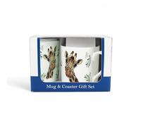 Giraffe Faces Mug & Coaster Gift Set - Jungle Tropical Wild Animals Bone China Mug and Glass Coaster Set - Tea/Coffee Present