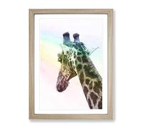 Giraffe Facing The Rainbow Painting Modern Framed Wall Art Print, Ready to Hang Picture for Living Room Bedroom Home Office Décor, Oak A2 (64 x 46 cm)
