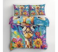 Giraffe Flower King Size Duvet Cover Sets - Pop Art Safari Animal Bedding & Bedroom Decor, Super Soft Microfiber Quilt Cover and 2 Pillowcases, with Zip, Reversible Design F&I1D3
