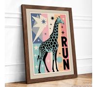 Giraffe Geometry Run Mid-Century Framed Wall Art Print A2 (59.4×42cm) Walnut, Wall Decor for Living Room, Bedroom, Office & Home, Ready to Hang, Art Gift