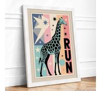 Giraffe Geometry Run Mid-Century Framed Wall Art Print A3 (42×29.7cm) White, Wall Decor for Living Room, Bedroom, Office & Home, Ready to Hang, Art Gift