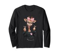 Giraffe Girl Double Peace Sign Pink Bow Pop Graphic Playful Long Sleeve T-Shirt