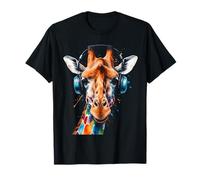 Giraffe Headphones Colorful Funny Animal Art Print Graphic T-Shirt