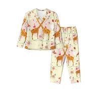 Giraffe Heart Flower Butterfly Print Women'S Nightwear Long Sleeve Pajama Set, Lounge Button Down Pjs Soft Sleepwear, Black, M