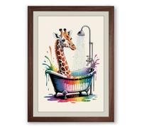 Giraffe in a Rainbow Bath Whimsical Framed Wall Art Print A3 (42×29.7cm) Walnut, Wall Decor for Living Room, Bedroom, Office & Home, Ready to Hang, Art Gift