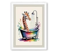 Giraffe in a Rainbow Bath Whimsical Framed Wall Art Print A3 (42×29.7cm) White, Wall Decor for Living Room, Bedroom, Office & Home, Ready to Hang, Art Gift