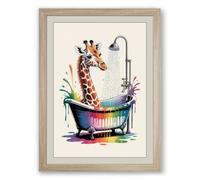 Giraffe in a Rainbow Bath Whimsical Framed Wall Art Print A4 (29.7×21cm) Oak, Wall Decor for Living Room, Bedroom, Office & Home, Ready to Hang, Art Gift