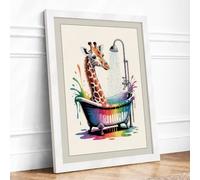 Giraffe in a Rainbow Bath Whimsical Framed Wall Art Print A4 (29.7×21cm) White, Wall Decor for Living Room, Bedroom, Office & Home, Ready to Hang, Art Gift