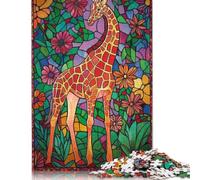 Giraffe in Floral Mosaic Puzzle 100% Recycled Cardboard Paper Rectangular Jigsaw Puzzle for Adult Children 1000pcs (38x26cm)