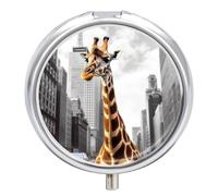 Giraffe in New York Pill Box 3 Compartment Waterproof Pill Container with Mirror Metal Medicine Box Organizer Portable Vitamin Case for Pocket & Purse Travel - Round