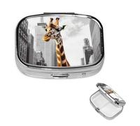 Giraffe in New York Pill Box with Mirror 2 Compartment Decorative Pill Case for Purse or Pocket Small Square Pill Organizer Weekly Metal Medicine Tablet Vitamin Holder Travel Gift