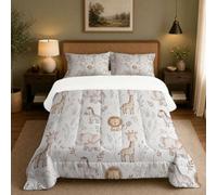 Giraffe Lion Elephant Double Coverless Duvet Set, 3 Pieces | 200x200cm Cute Watercolor Animals Lightweight Quilt, 2 Pillowcases, Soft Microfiber Bed Cover Bedding for Bedroom, All Seasons