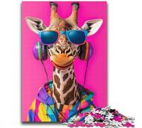 Giraffe Listening to Music Jigsaws Puzzles 1000 Pieces for Teenagers Gifts,Stress Reliever Difficult Challenge Enhance Love between Couples (38X52cm)