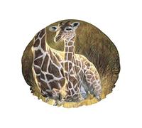 Giraffe Mum And Baby Printed Double-Layer Shower Cap, Reusable Shower Cap, Suitable For Various Hair Lengths