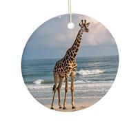 Giraffe on The Beach Ceramic Ornament, Round Ornaments with Hole, Hanging Ornament for Window Home Garden Christmas Day Party Wedding Decoration