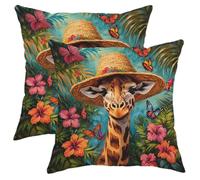 Giraffe Pillow Covers Set of 2, Tropical Colorful Giraffe with Straw Hat Decorative Cushion Covers, Summer Bohemian Home Decor for Couch Sofa Bed 20x20 Inch