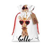 Giraffe Printing 4.7x6.9 In Christmas Bag With Drawstring And Cute Kraft Tag, Fits Gifts And Daily Small Items