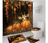 Giraffe Pumpkin Shower Curtain Set, Orange Fall Decor, Autumn Cute Bathroom Accessories, Seasonal Modern Waterproof Fabric with Hooks 72x72 Inch