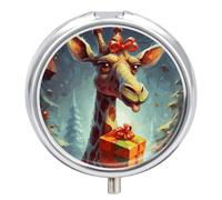 Giraffe Receiving A Gift Pill Box Cute Round Pill Case Portable Medicine Tablet Vitamin Holder Organizer for Purse Pocket