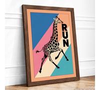 Giraffe Run Retro Framed Wall Art Print A1 (84.1×59.4cm) Walnut, Wall Decor for Living Room, Bedroom, Office & Home, Ready to Hang, Art Gift