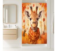 Giraffe Shower Curtain, Autumn Fall Decor with Pumpkins and Leaves, Cute Cartoon Giraffe for Kids Bathroom, Waterproof Fabric with Hooks 36x72 Inch