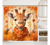 Giraffe Shower Curtain, Autumn Fall Decor with Pumpkins and Leaves, Cute Cartoon Giraffe for Kids Bathroom, Waterproof Fabric with Hooks 72x84 Inch