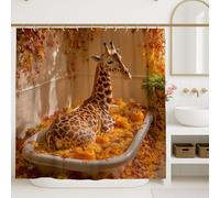Giraffe Shower Curtain, Autumn Leaves Pumpkin Bathroom Decor, Fall Seasonal Cute Animal Waterproof Fabric Shower Curtain with Hooks 72x72 Inch