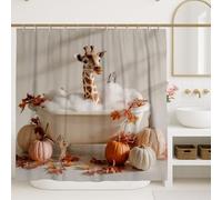 Giraffe Shower Curtain, Autumn Pumpkin and Maple Leaf Bathroom Decor, Fall Seasonal Cute Animal Waterproof Fabric Shower Curtain with Hooks 72x72 Inch