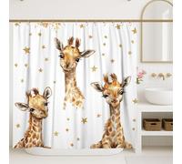 Giraffe Shower Curtain, Cute Animal Kids Bathroom Decor, Playful White Fabric Shower Curtain with Golden Stars, Ideal for and Playroom 62x72 Inch